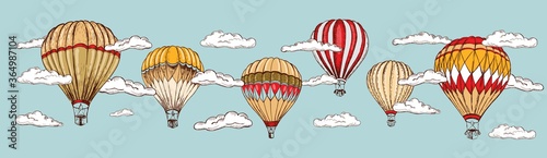 Hot air balloon vintage style. Hand drawn illustration. Vector