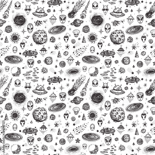 Cartoon Galaxy. Vector Universe. Outer Space Seamless pattern. Hand Drawn Doodle Cosmic Space: Planets, Stars, UFO, Funny Aliens, Black Hole, Comets. Cosmos Background