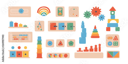 Montessori kid toys and boards. Wooden toys for preschool children. Montessori system for early childhood development. Set of vector objects on white background