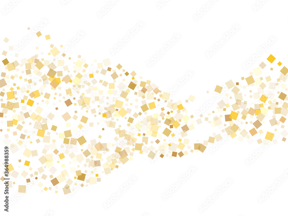 Glowing gold square confetti sparkles flying on white. Rich holiday vector sequins background. Gold foil confetti party pieces isolated. Many pieces surprise backdrop.