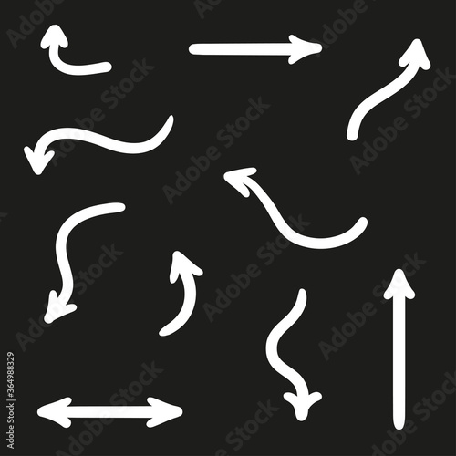 White infographic elements on isolated black background. Hand drawn wavy arrows. Black and white illustration