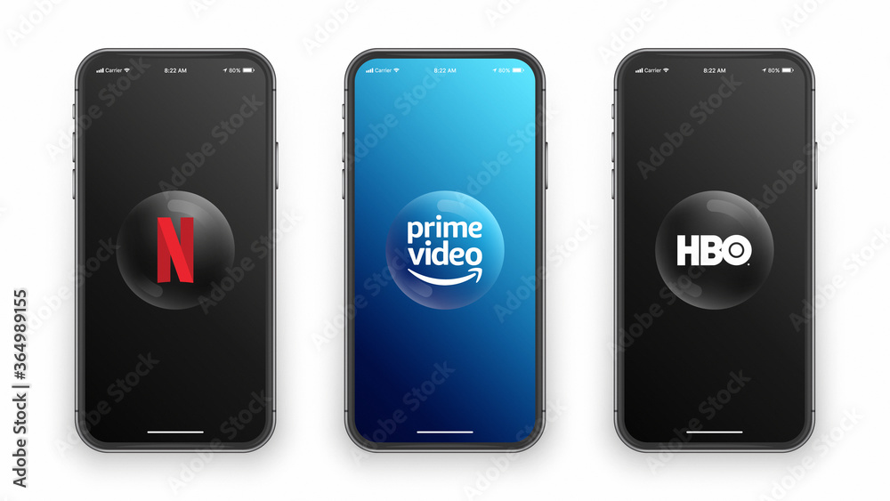 Netflix, Amazon Prime Video, HBO Logo 3D Round Glossy Icons Set On Iphone  Screen Vector Illustration On White Background. Apps And Websites For Online  Video Streaming, TV Shows, TV Series, Movies Stock