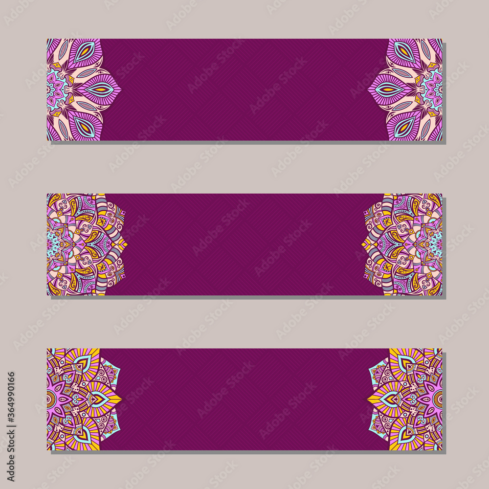 Vector set 3 banners with traditional indian ornaments, lace orient mandala. Decorative elements.  Ethnic Mandala ornament. Islam, Arabic, Indian, ottoman motifs. Color illustration.