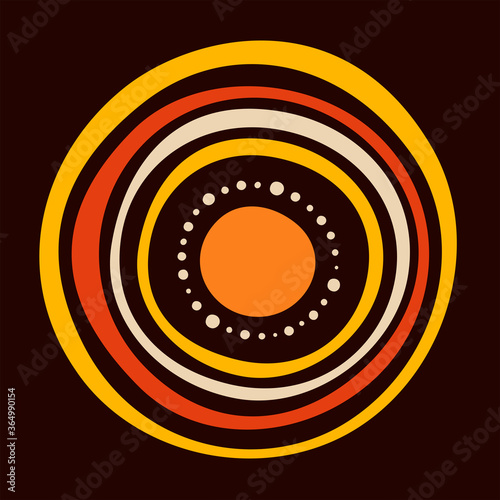Stylized sun. Australian art. Aboriginal painting style. Smooth round shapes, circles isolated on dark background. Doodle sketch style. Minimalistic graphic print. Vector color illustration.