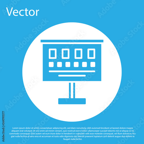 Blue Eye test chart icon isolated on blue background. Poster for vision testing in ophthalmic study. Snellen chart. White circle button. Vector Illustration.