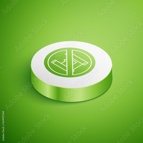 Isometric Say no to plastic bags poster icon isolated on green background. Disposable cellophane and polythene package prohibition sign. White circle button. Vector Illustration.