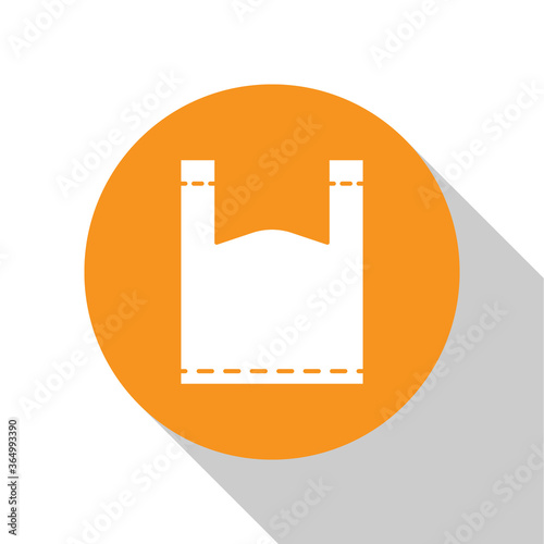 White Plastic bag icon isolated on white background. Disposable cellophane and polythene package prohibition sign. Orange circle button. Vector Illustration.