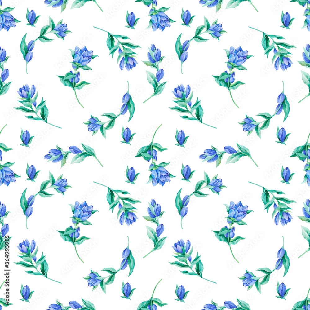 The seamless pattern with blue gentian is made in the technique of watercolors. Printing on fabrics, packaging paper, wedding invitations, etc The seamless pattern with blue gentian is made in the technique of watercolors. Printing on fabrics, packaging paper, wedding invitations, etc