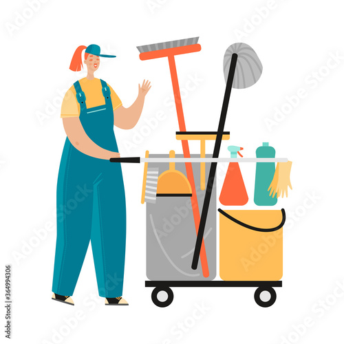 Cleaning service. Vector image of a girl with a cleaning trolley with detergents and accessories