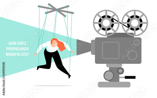 How propaganda manipulates. Conceptual illustration with a puppet girl and a movie projector. The influence of media on public opinion