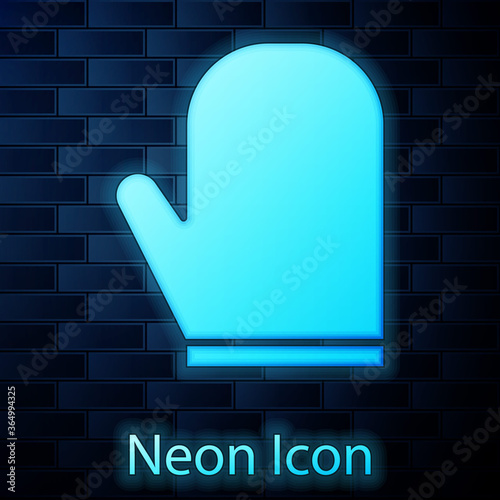 Glowing neon Oven glove icon isolated on brick wall background. Kitchen potholder sign. Cooking glove. Vector Illustration.