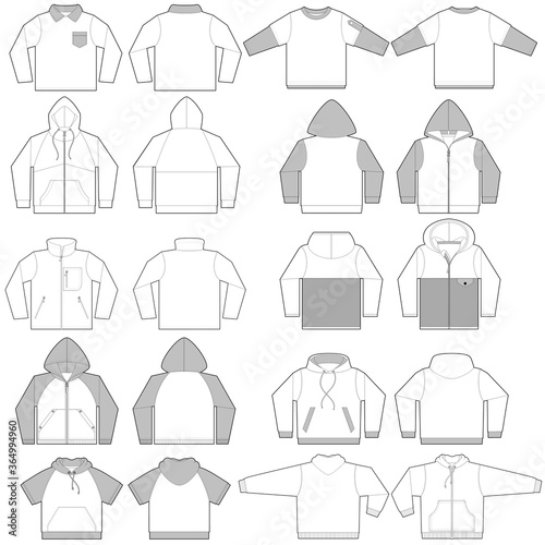 Sweatshirt and hoodie front and back view template vector collection