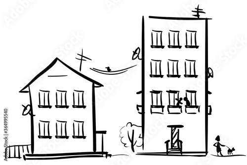 Child's art - Bildings of city street with neighbors talking and woman with dog