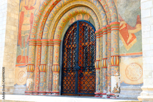 The front door of Assumption Cathedral in Cathedral square of the Moscow Kremlin Moscow Russia