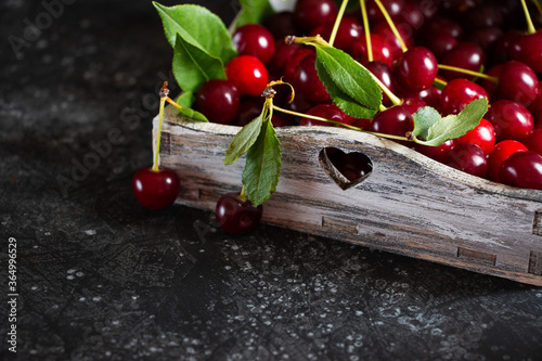 Old wooden box with ripe cherries on a dark background. Still life in low key. Copy space for text.
