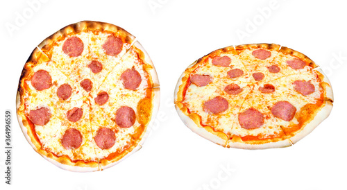 Tasty fresh italian classic original pepperoni pizza isolated on white background, fast food concept.