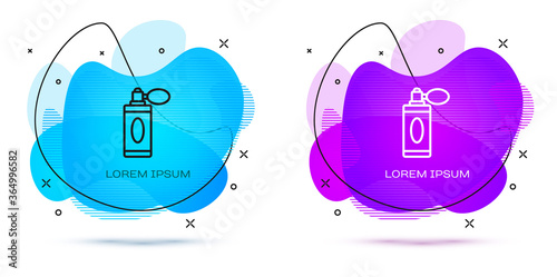 Line Aftershave bottle with atomizer icon isolated on white background. Cologne spray icon. Male perfume bottle. Abstract banner with liquid shapes. Vector Illustration.