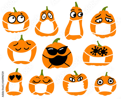 set of emotion pumpkin in medical protective masks. Halloween covid-19 concept. Halloween 2020 during the coronavirus pandemic.