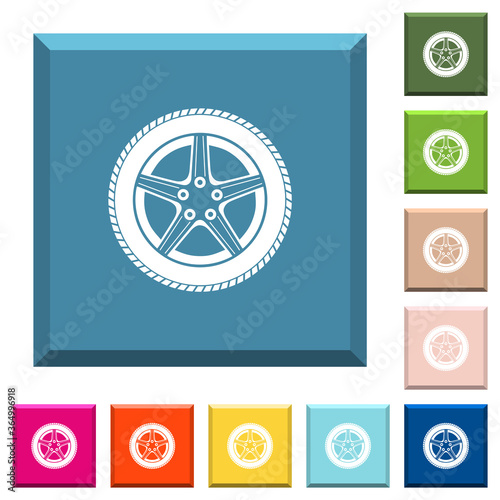 Car wheel white icons on edged square buttons photo