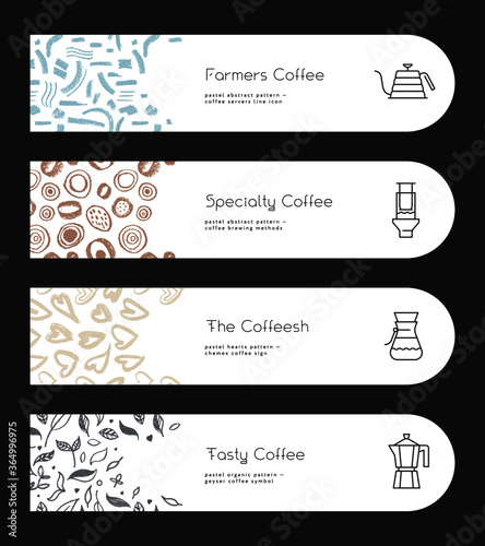 Specialty coffee concept with vector line icons. Coffee brewing methods banner. Set of icon for coffeeshop sign. Template label design for farmers coffee. Arabica badge on textured pattern background.