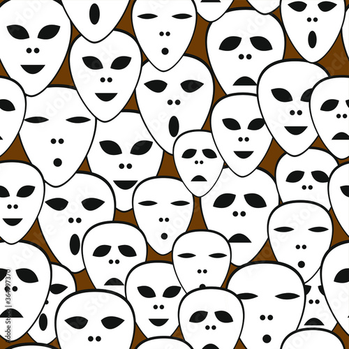 Vector seamless pattern of theatrical masks on a brown background. 