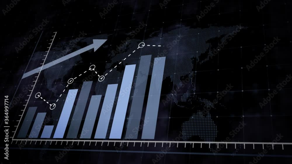 Animation of rising blue bar graph following the arrow on a background of a dotted world map. 3d render.