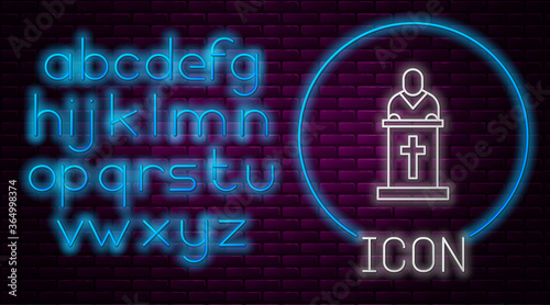 Glowing neon line Church pastor preaching icon isolated on brick wall background. Neon light alphabet. Vector Illustration.