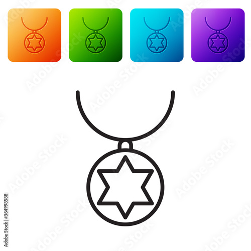 Black line Star of David necklace on chain icon isolated on white background. Jewish religion. Symbol of Israel. Jewellery and accessory. Set icons in color square buttons. Vector Illustration.