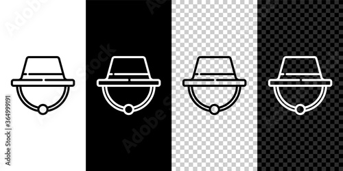 Set line Camping hat icon isolated on black and white background. Beach hat panama. Explorer travelers hat for hunting, hiking, tourism. Vector Illustration.