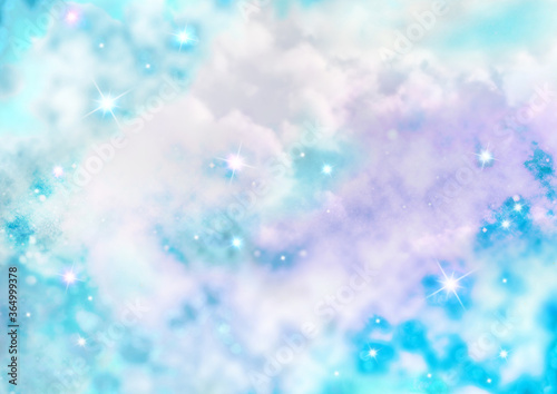 ふわふわの雲と星の背景素材（水色・紫色・白） © YX2K