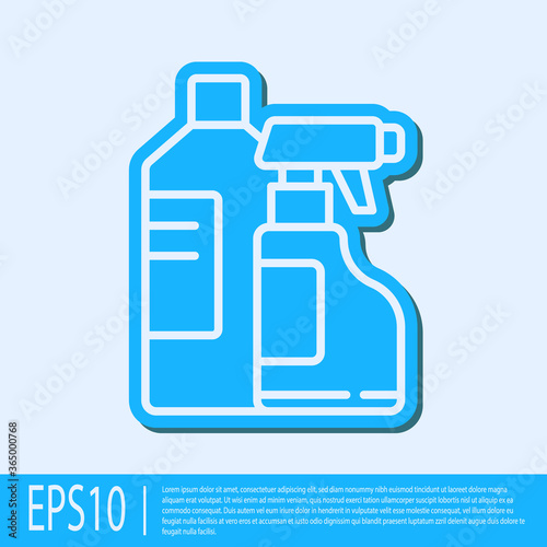 Blue line Plastic bottles for laundry detergent, bleach, dishwashing liquid or another cleaning agent icon isolated on grey background. Vector Illustration.