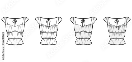 Shirt technical fashion illustration with oversized body, concealed button fastenings along front, ruffles, cropped sleeves. Flat apparel template front, back, white color. Women, men unisex mockup