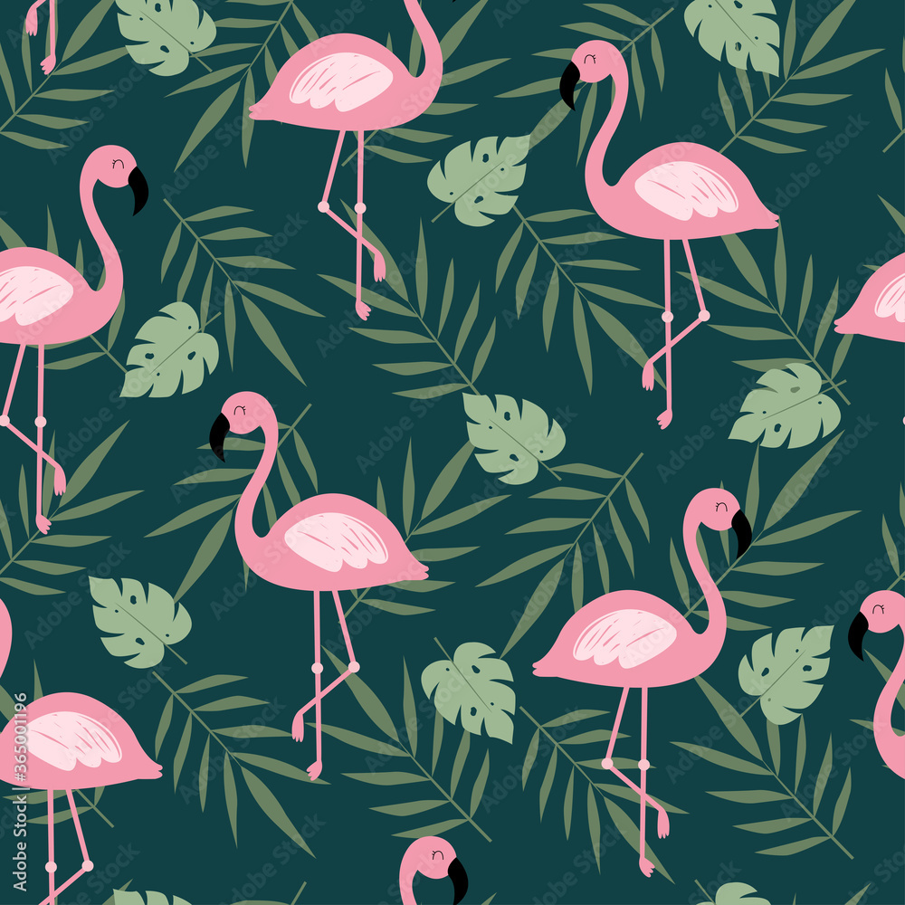 Fototapeta premium Seamless pattern of flamingo with leaves Hand drawn cartoon cute animal background