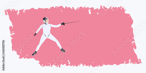 Fencer. Man in a light suit, a suit with a rapier in his hand, assault, visor - abstract, grunge style background - vector. Sport. Banner.