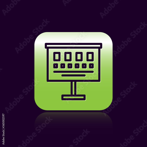 Black line Eye test chart icon isolated on black background. Poster for vision testing in ophthalmic study. Snellen chart. Green square button. Vector Illustration.