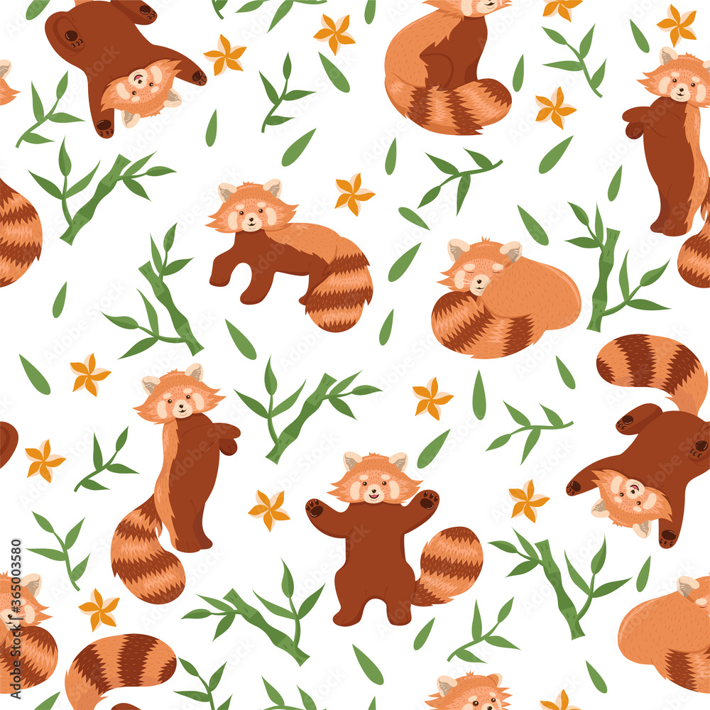 Fototapeta premium Seamless pattern with red pandas and bamboo on a white background. Vector graphics.