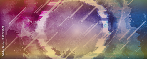 Glitch laser neon circle and lines on grunge sky background. Retro futuristic 80s - 90s abstract vector design