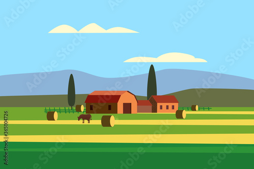 Rural farm landscape field country house, cows. Summer hills sunset farmland
