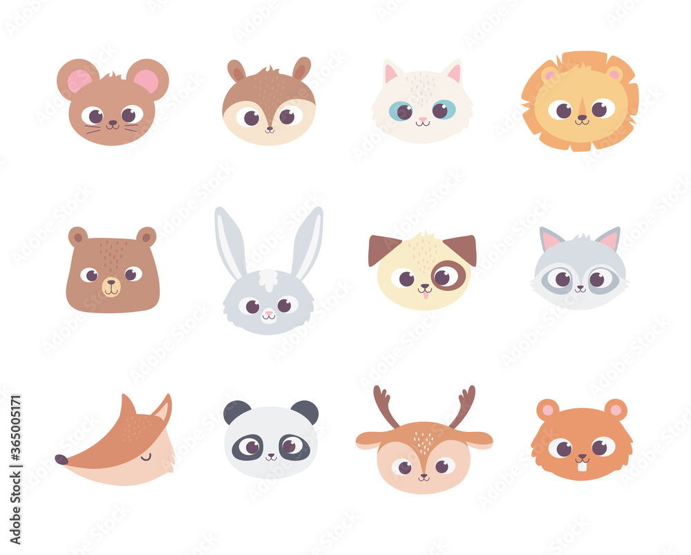 cute cartoon animals faces wild domestic pet collection icons