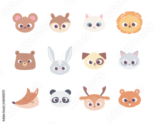 cute cartoon animals faces wild domestic pet collection icons © Stockgiu