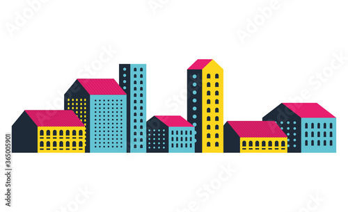 Yellow blue and pink city buildings design  Abstract geometric architecture and urban theme illustration