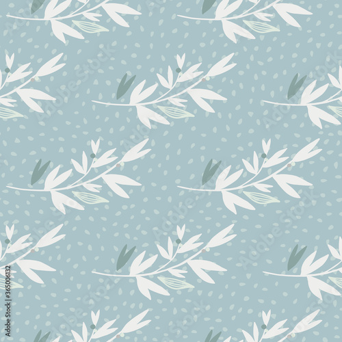 Winter seamless floral pattern with white branches. Light blue background with dots.