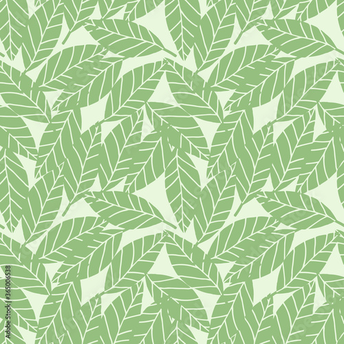 Fototapeta Naklejka Na Ścianę i Meble -  Random seamless pattern with green leafs on white background. Botanic backdrop.