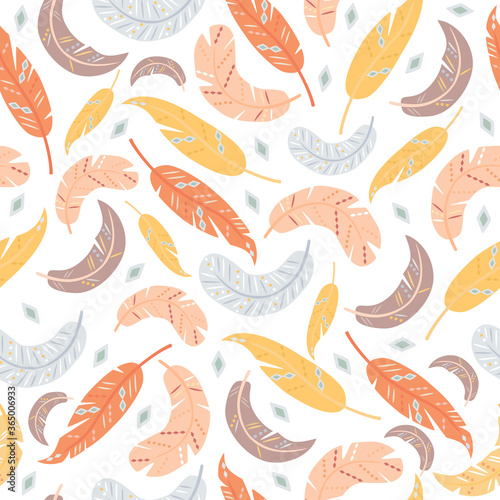 vector seamless pattern with feathers. in the style of boho. air motives. bird ornaments © Lesya