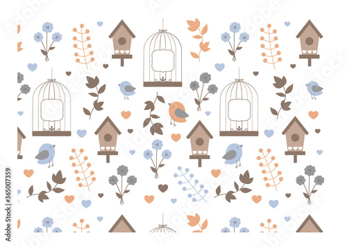 Bird, cage, flower and leaves vector illustration for wallpaper industry