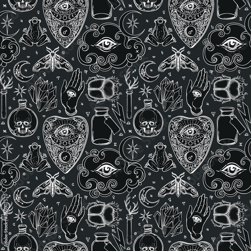 Mystic, magic, background. Religion and the occultism with esoteric and masonic symbols. Medieval manuscript inspired. Vector seamless pattern in retro style. Repeating Trendy stylish texture.
