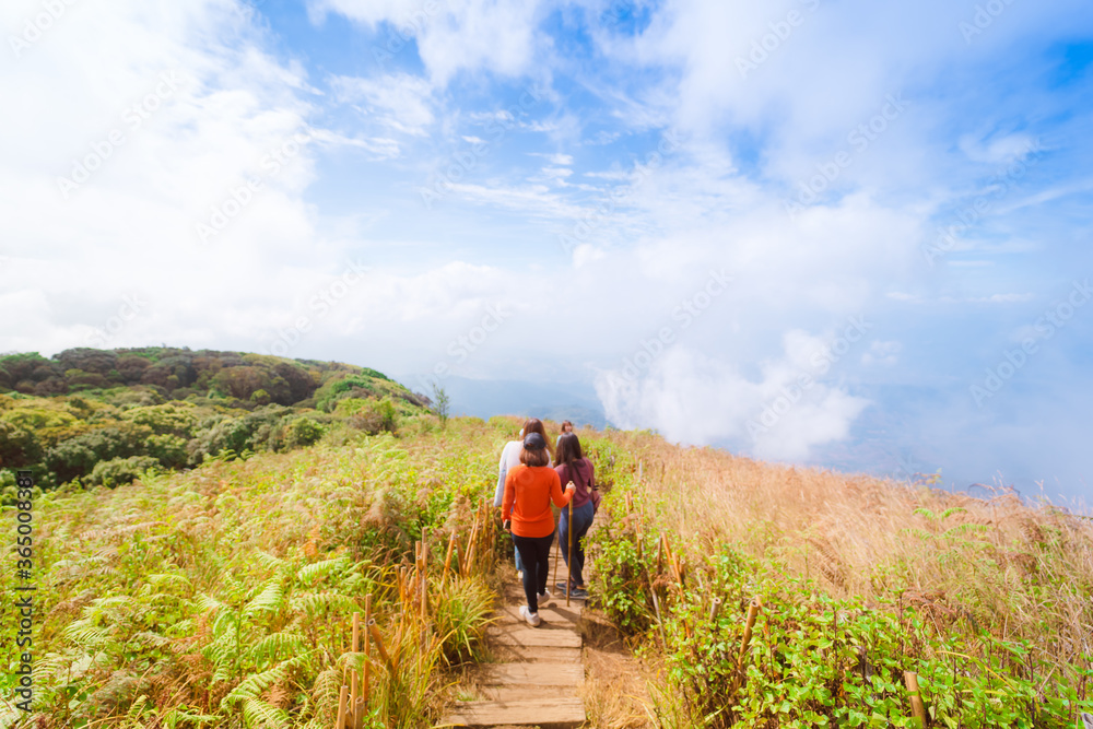 group asian woman traveler hiking and embracing nature from top of mountain in spring season
