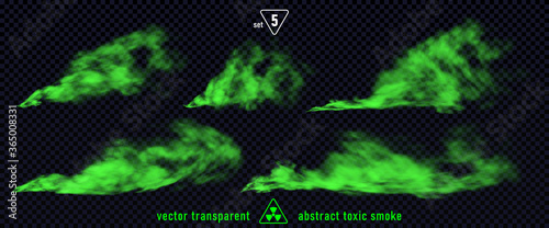 Green smoke set 5 isolated on transparent background. Magic mist cloud, chemical toxic gas, steam waves, realistic set of green bad smell. Realistic illustration. Vector.