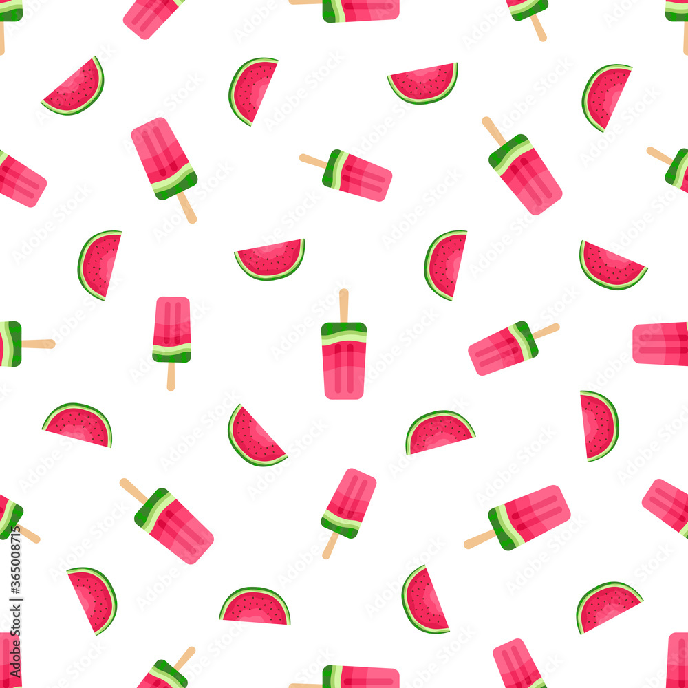Seamless vector pattern of watermelon ice cream. Illustration in cartoon style. Stylized summer juicy print for your design of cards, textiles, t-shirts, banners, fabrics, backgrounds. Seamless vector pattern of watermelon ice cream. Illustration in cartoon style. Stylized summer juicy print for your design of cards, textiles, t-shirts, banners, fabrics, backgrounds.