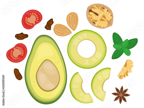 flat lay food illustration of avocado, tomato, mix nuts, raisin